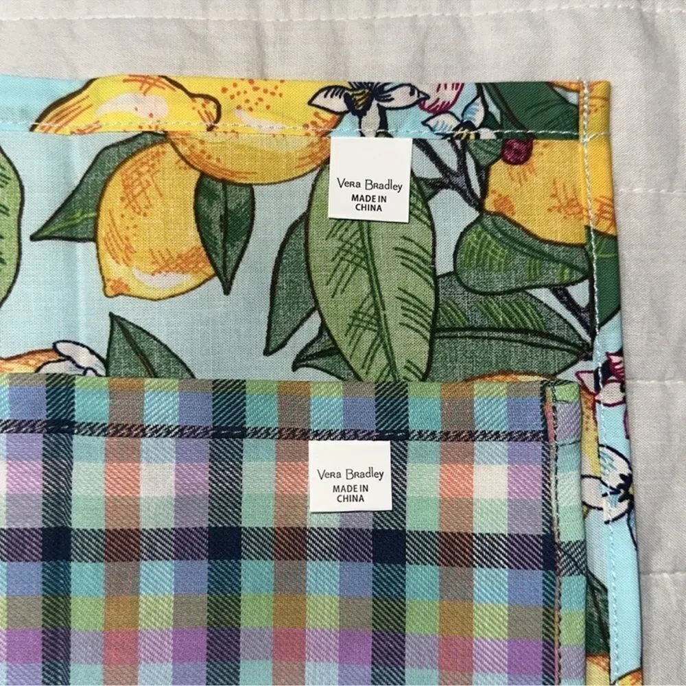 Vera Bradley Lemon Grove Blossoms Blue Yellow Set of 2 Cotton Kitchen Tea Towels